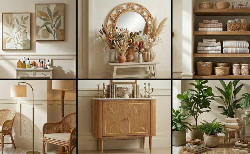 Colaj de imagini cu diferite obiecte de mobilier decorative 