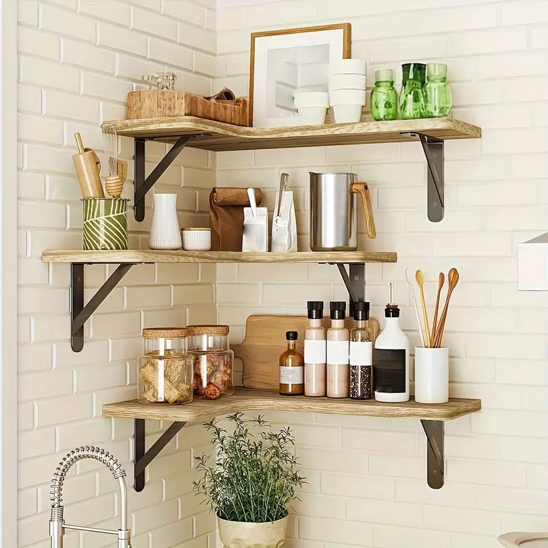 Set 5 Rafturi Suspendate de Colț din Lemn Rustic – Etajere Flotante cu Montare pe Perete