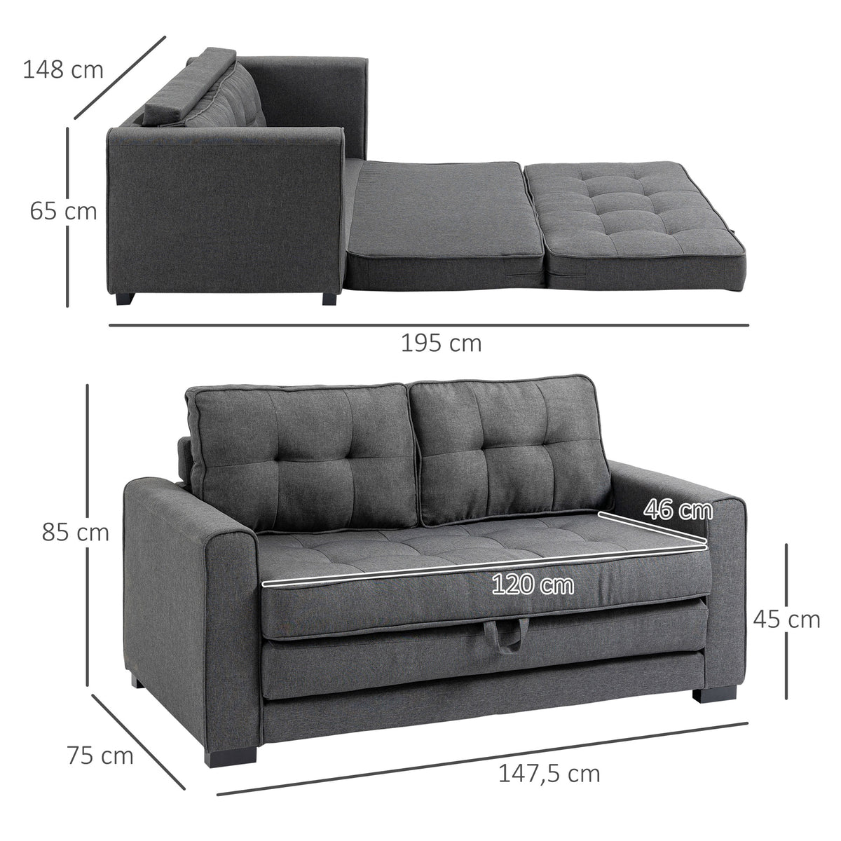 Canapea extensibilă cu 2 locuri - spătar capitonat - 147,5 x 75 x 85 cm - gri