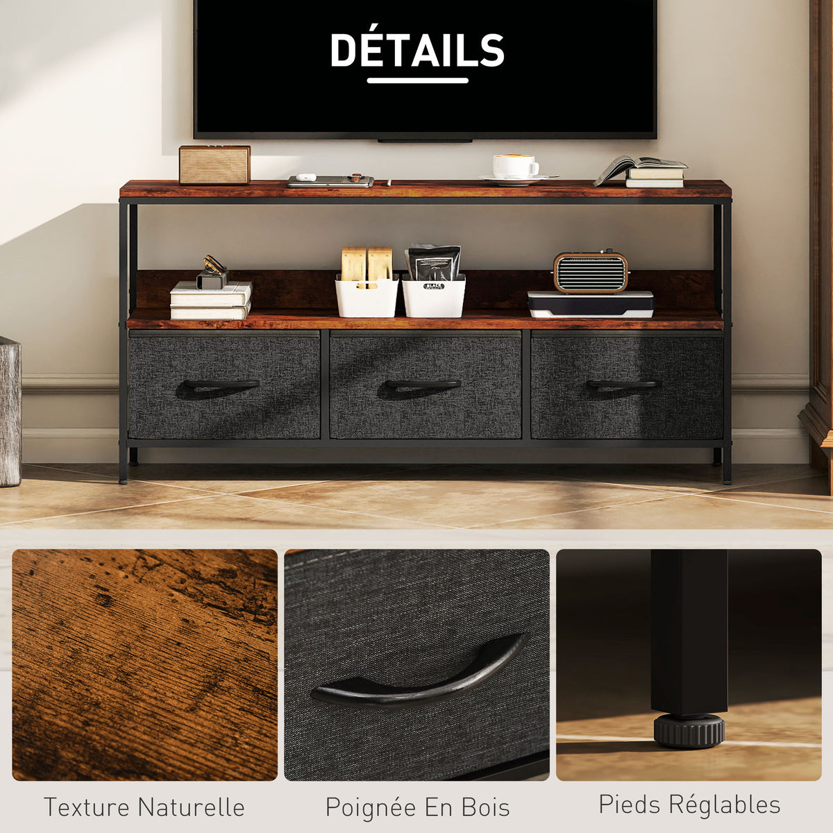 Comodă TV cu 3 sertare și picioare din oțel 120 x 29 x 56 cm maro rustic