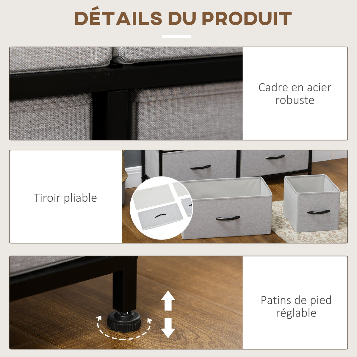 Comodă cu 8 sertare pliabile din material textil  - structură din oțel negru - 100 x 30 x 78 cm