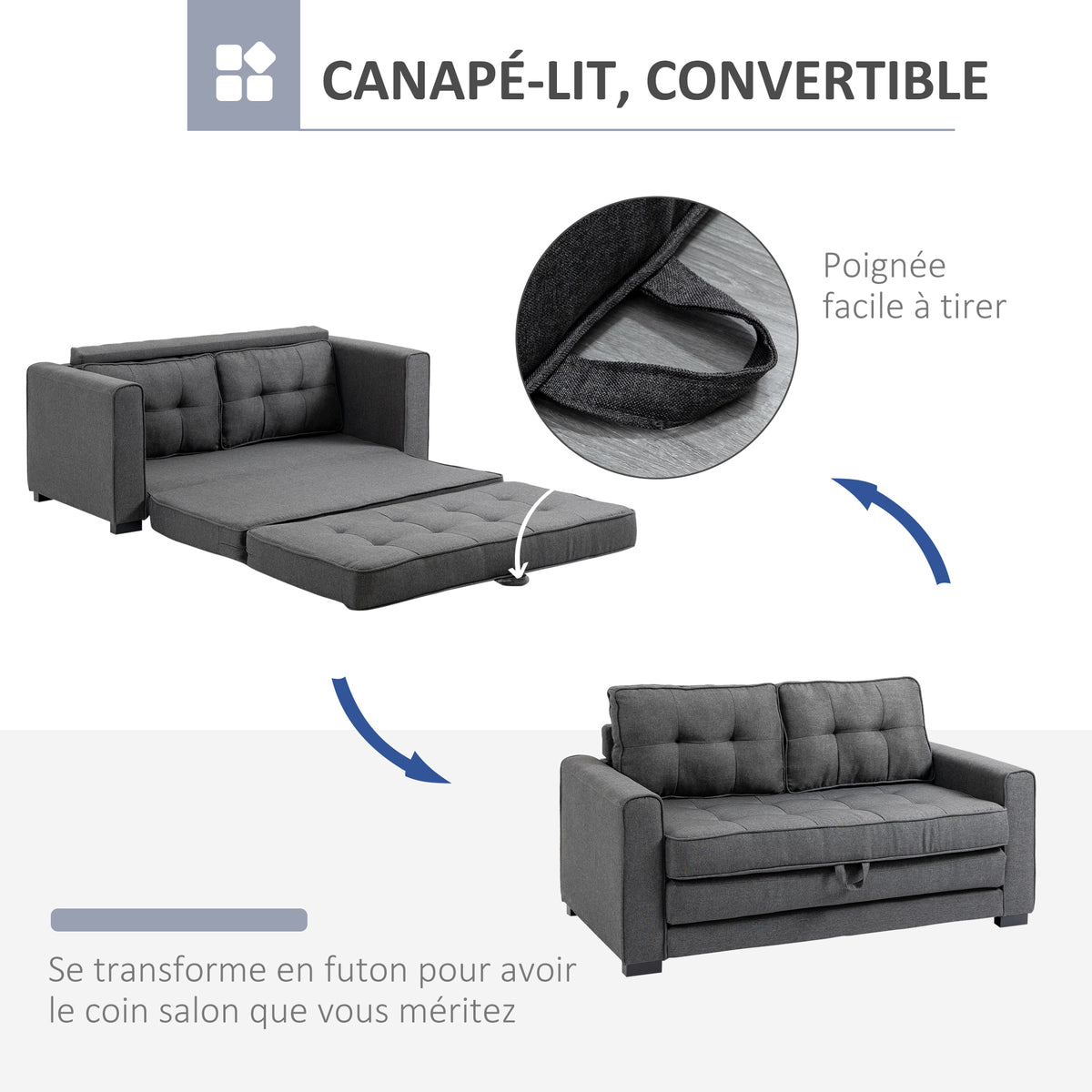 Canapea extensibilă cu 2 locuri - spătar capitonat - 147,5 x 75 x 85 cm - gri