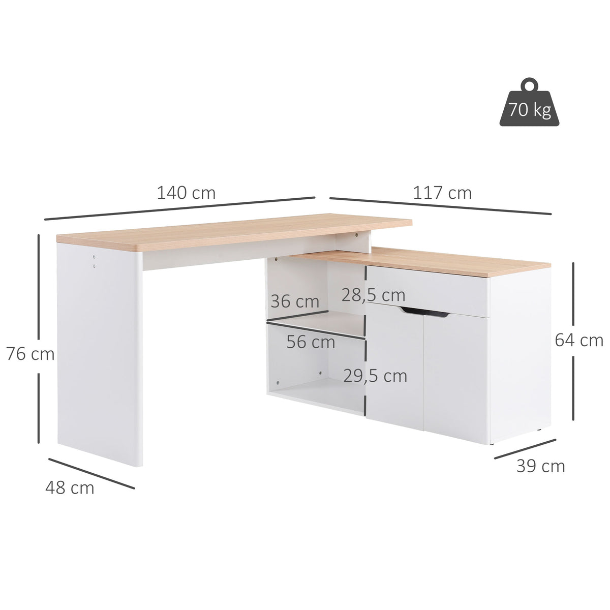 Birou modular cu spații multiple de depozitare, nișă dublă + sertar și dulap din lemn