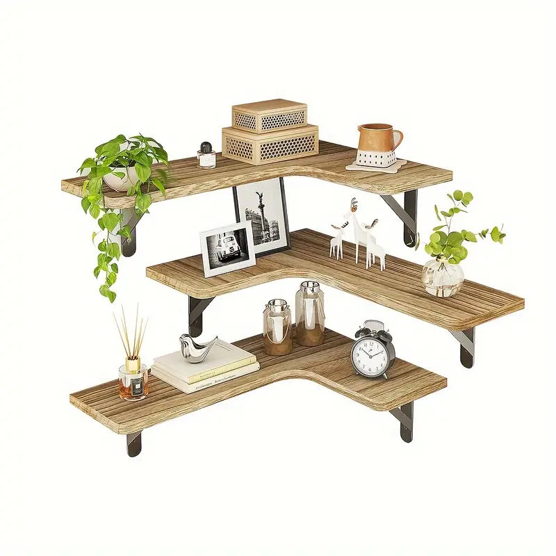 Set 5 Rafturi Suspendate de Colț din Lemn Rustic – Etajere Flotante cu Montare pe Perete