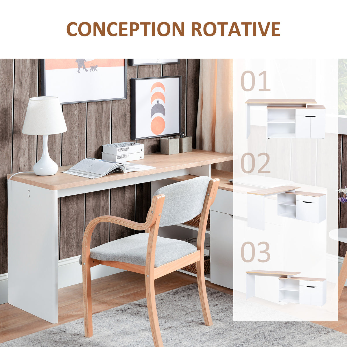 Birou modular cu spații multiple de depozitare, nișă dublă + sertar și dulap din lemn