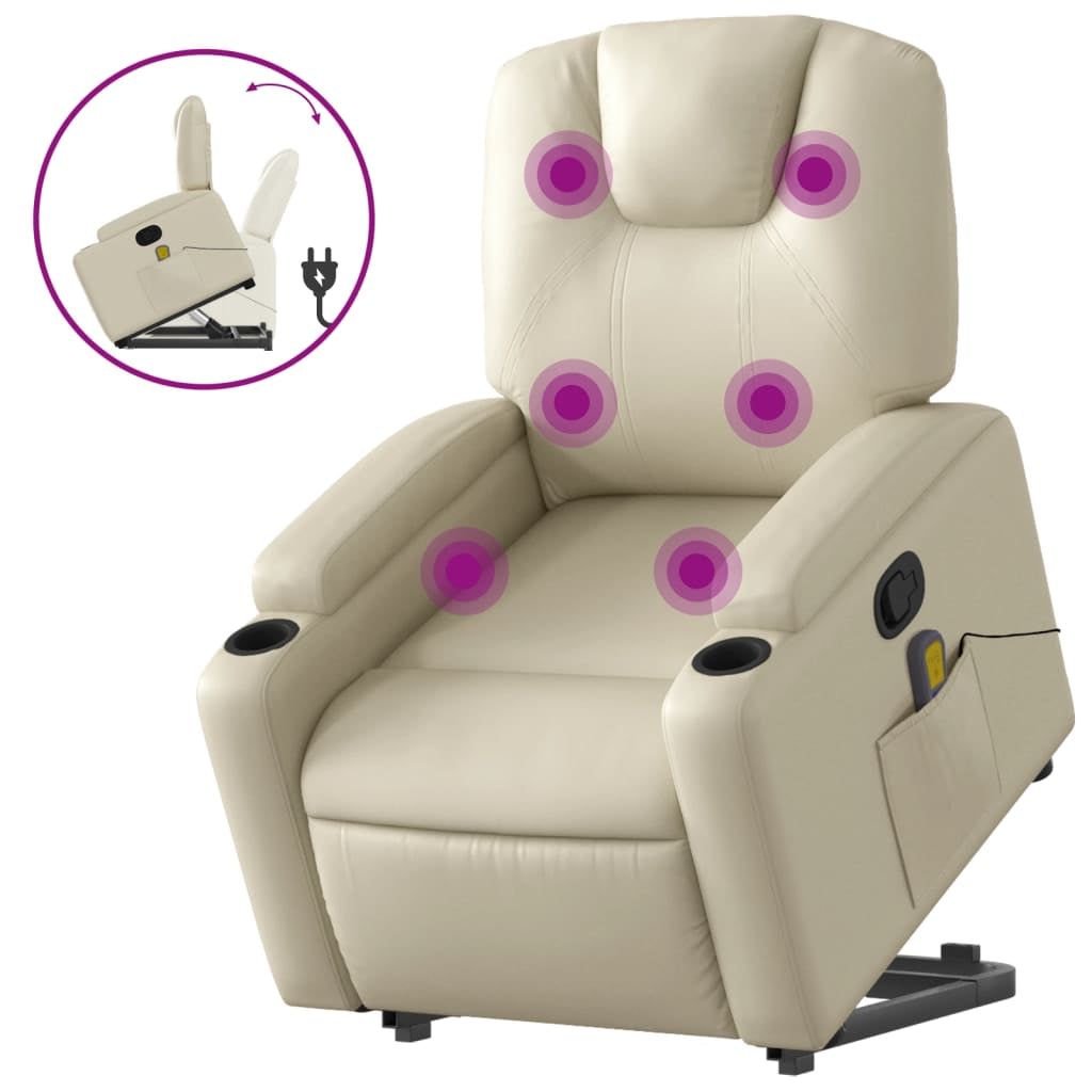 Fotoliu High-end cu masaj și funcție de ridicare (Stand-up) NNEVL – Piele Ecologică, Culoare Crem