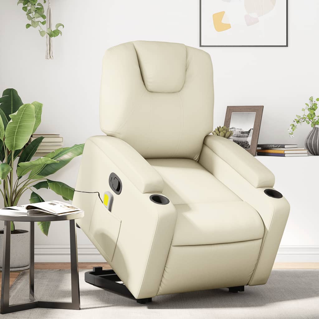 Fotoliu High-end cu masaj și funcție de ridicare (Stand-up) NNEVL – Piele Ecologică, Culoare Crem