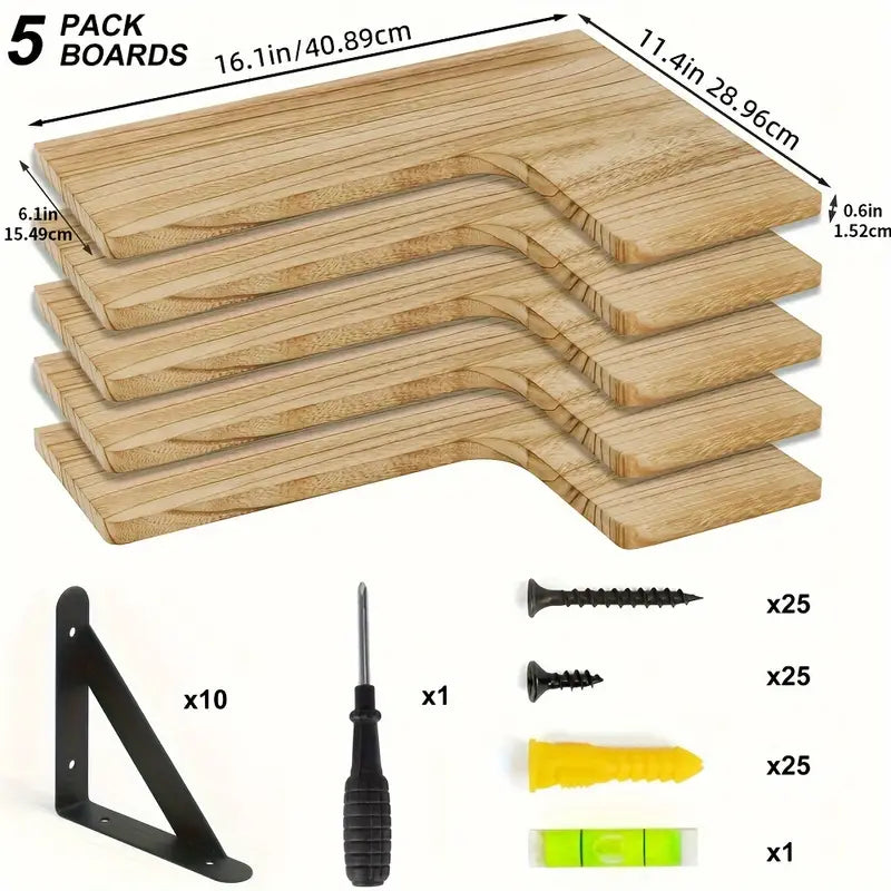 Set 5 Rafturi Suspendate de Colț din Lemn Rustic – Etajere Flotante cu Montare pe Perete