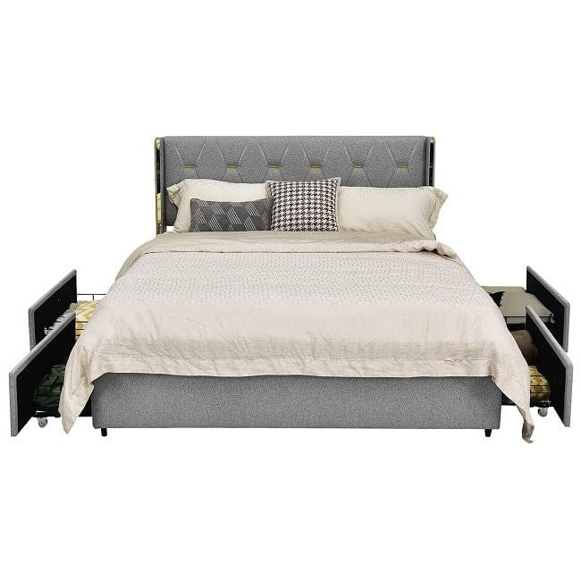 Pat Matrimonial  cu Depozitare „Linen Luxury” – Tăblia înaltă, tapițată Gri/Auriu, 4 Sertare Integrate