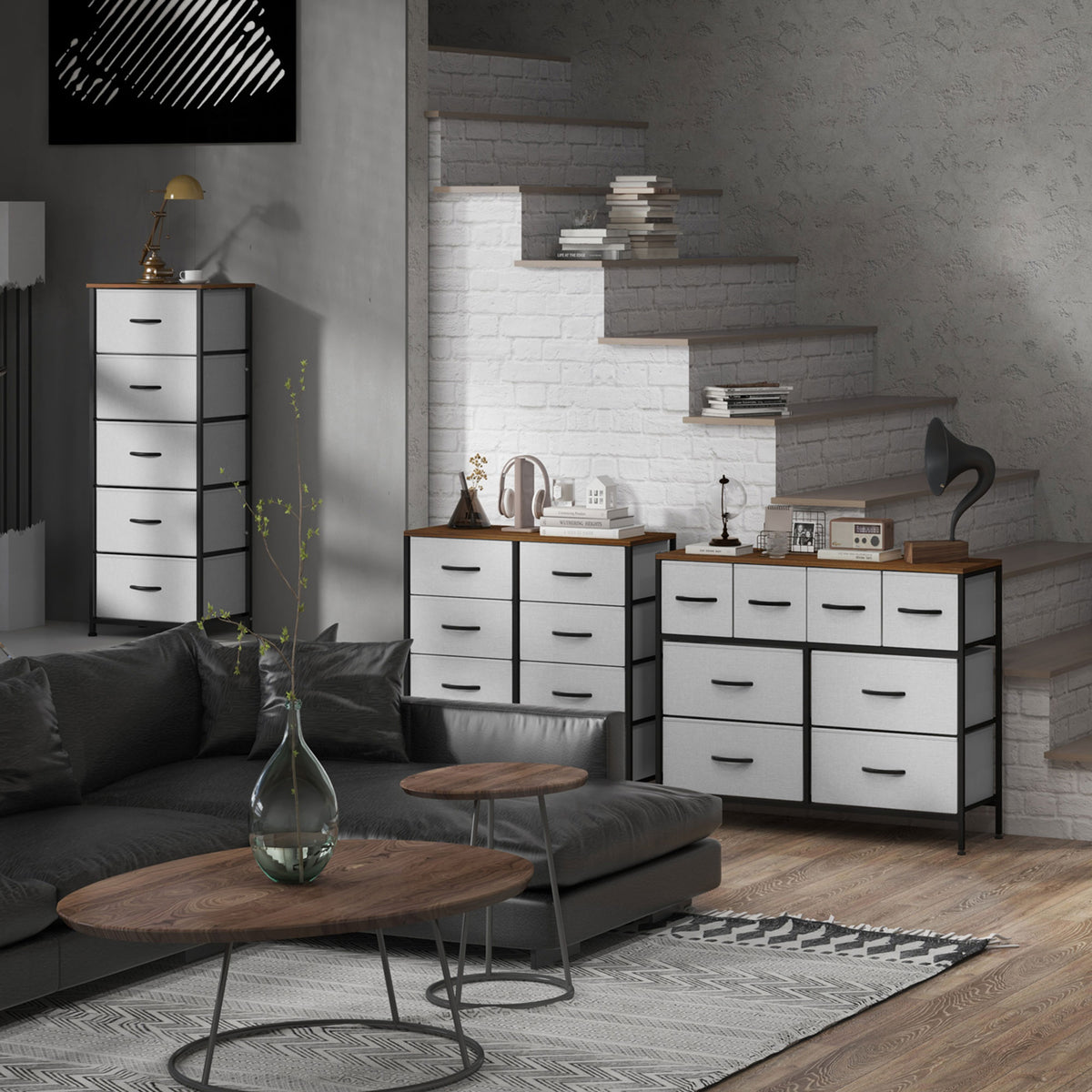 Comodă cu 8 sertare pliabile din material textil  - structură din oțel negru - 100 x 30 x 78 cm