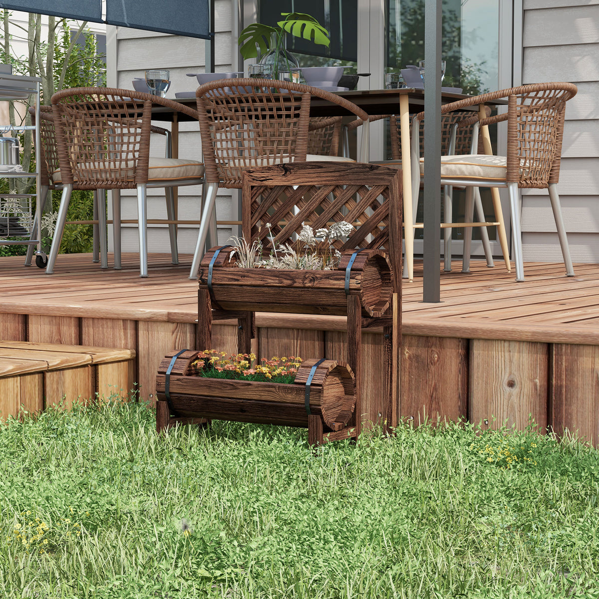Jardinieră înălțată pe picioare cu grilaj,  balcon, grădină 42 x 49 x 80 cm, maro