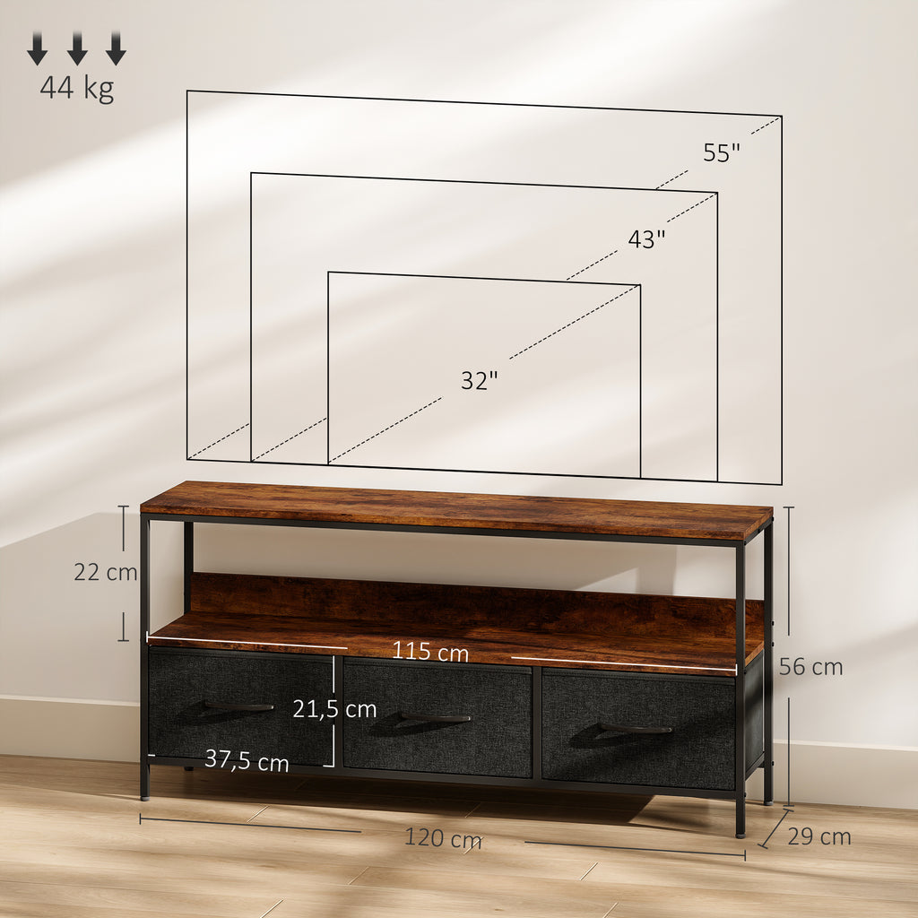 Comodă TV cu 3 sertare și picioare din oțel 120 x 29 x 56 cm maro rustic