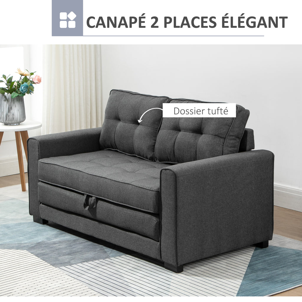 Canapea extensibilă cu 2 locuri - spătar capitonat - 147,5 x 75 x 85 cm - gri