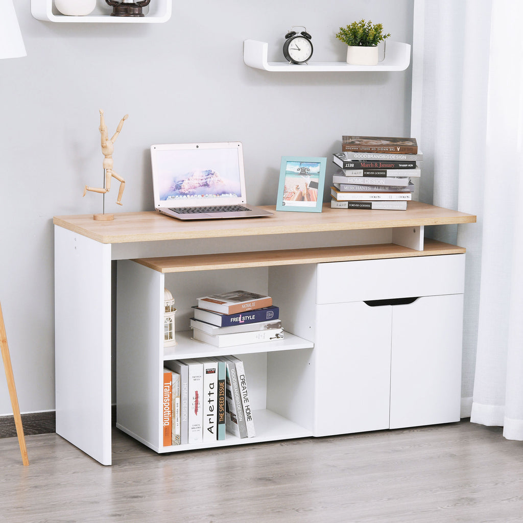 Birou modular cu spații multiple de depozitare, nișă dublă + sertar și dulap din lemn