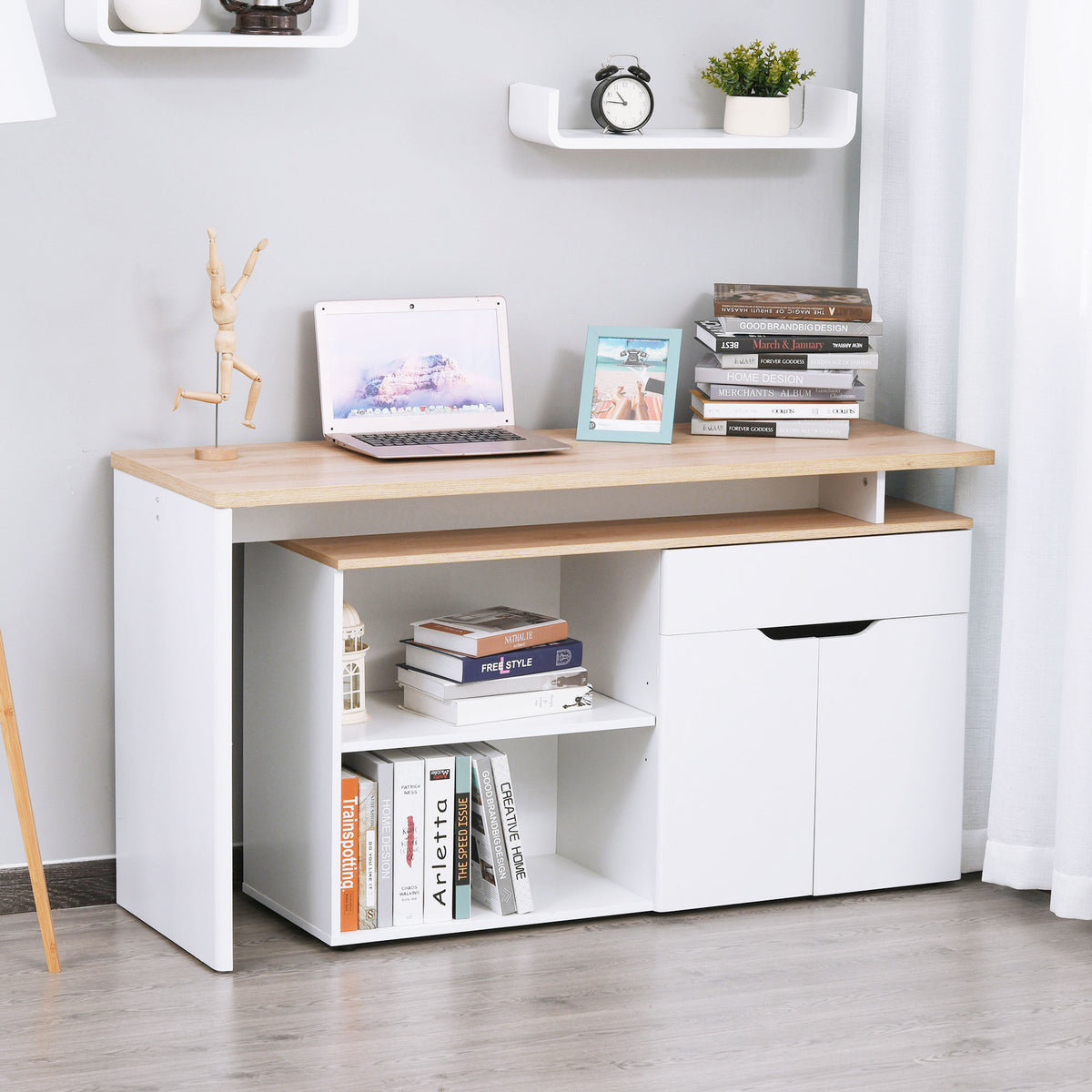 Birou modular cu spații multiple de depozitare, nișă dublă + sertar și dulap din lemn