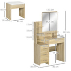 Set de măsuță de toaletă pentru machiaj cu taburet tapițat, oglindă mare + mai multe rafturi deschise + 4 sertare, lemn natural