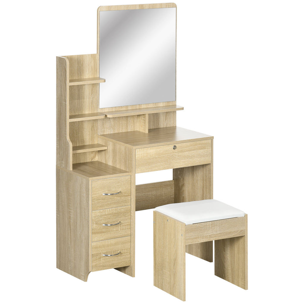 Set de măsuță de toaletă pentru machiaj cu taburet tapițat, oglindă mare + mai multe rafturi deschise + 4 sertare, lemn natural