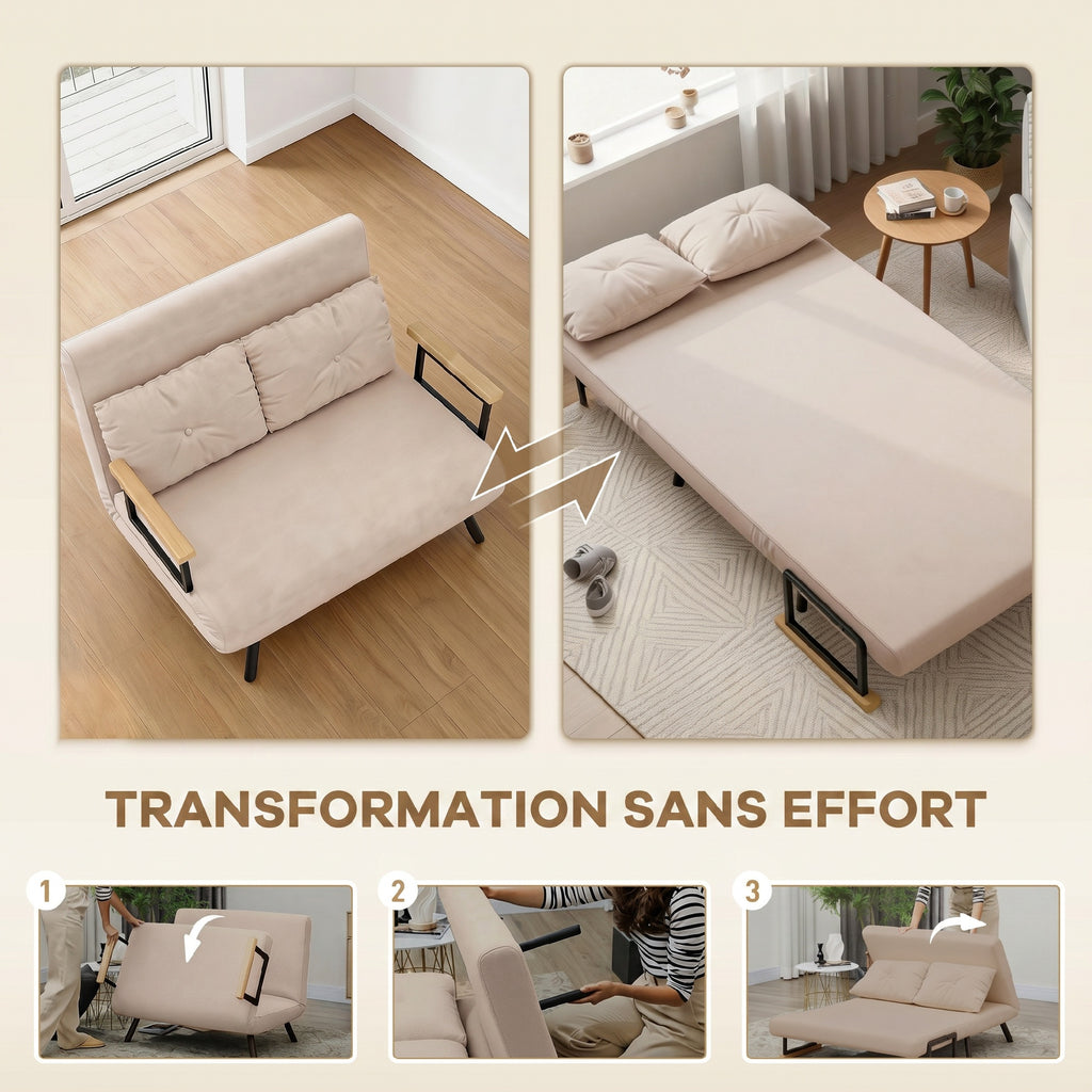Canapea extensibilă cu 2 persoane , tapițerie cu efect de catifea, bej