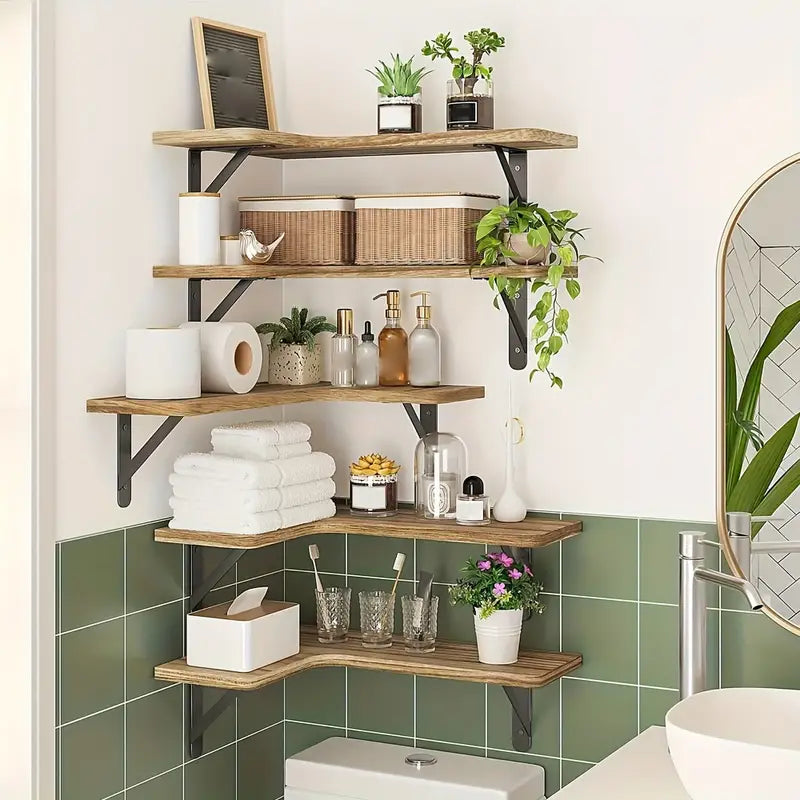 Set 5 Rafturi Suspendate de Colț din Lemn Rustic – Etajere Flotante cu Montare pe Perete