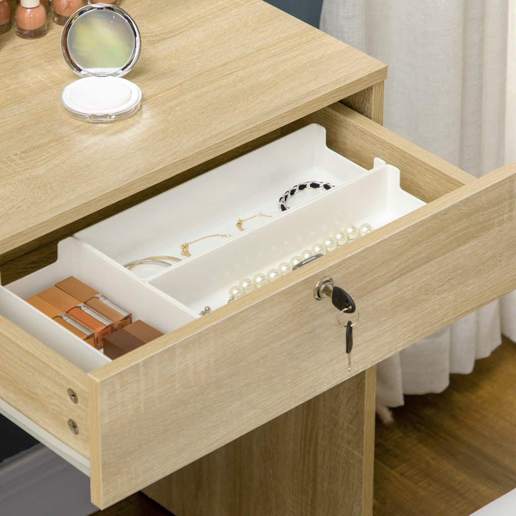 Set de măsuță de toaletă pentru machiaj cu taburet tapițat, oglindă mare + mai multe rafturi deschise + 4 sertare, lemn natural