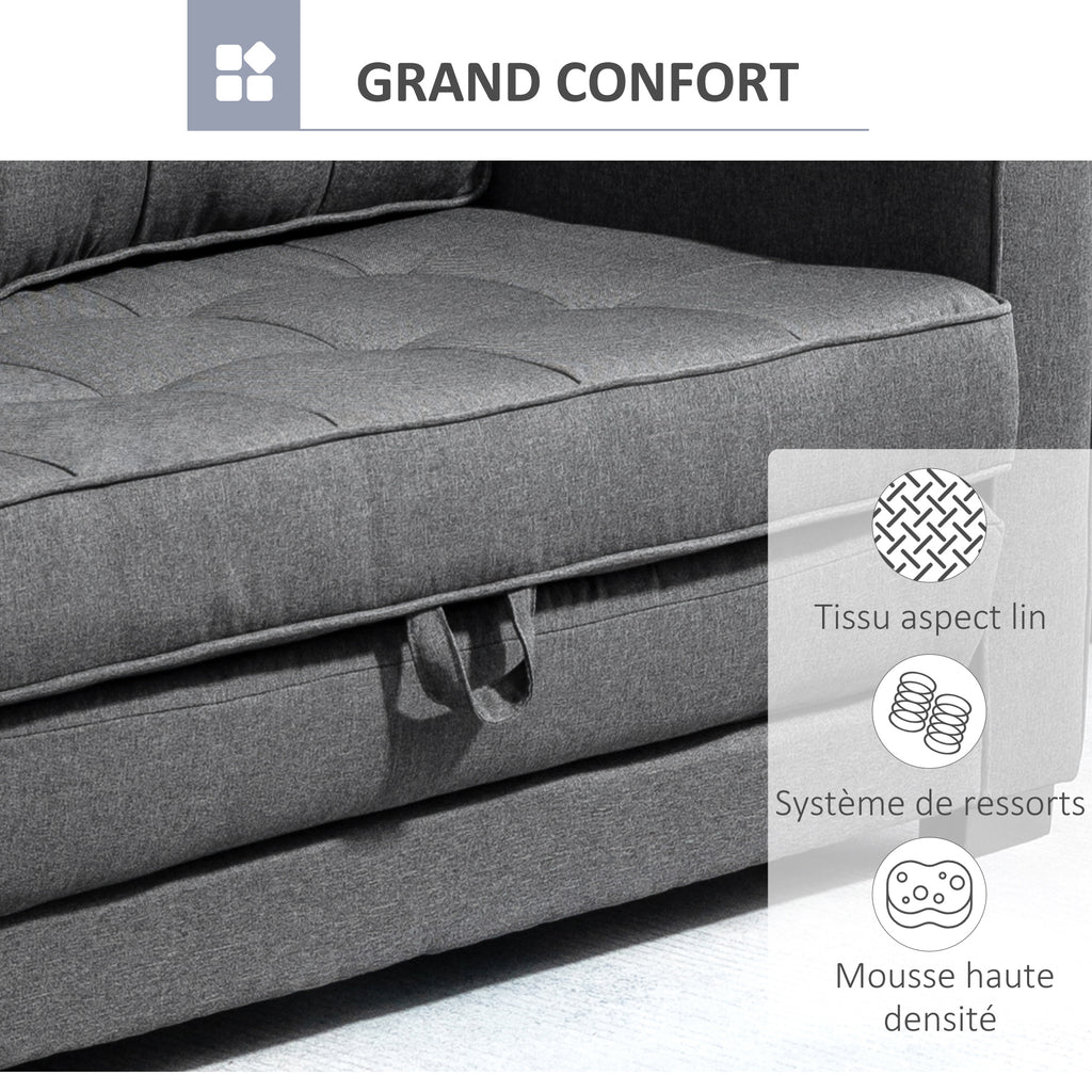 Canapea extensibilă cu 2 locuri - spătar capitonat - 147,5 x 75 x 85 cm - gri