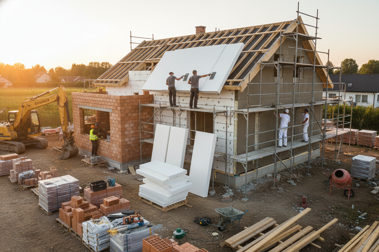 make an image of a house beeing in the process of beeing constructed , make visible different steps of construction in the image (brick laying , thermal isolation , plastering etc.)