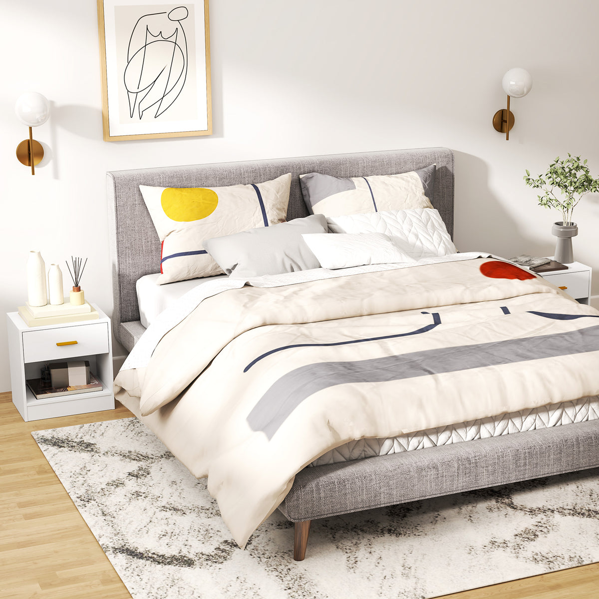 Set de 2 noptiere cu 2 sertare și rafturi deschise, stil modern, 39 x 28 x 41 cm, alb