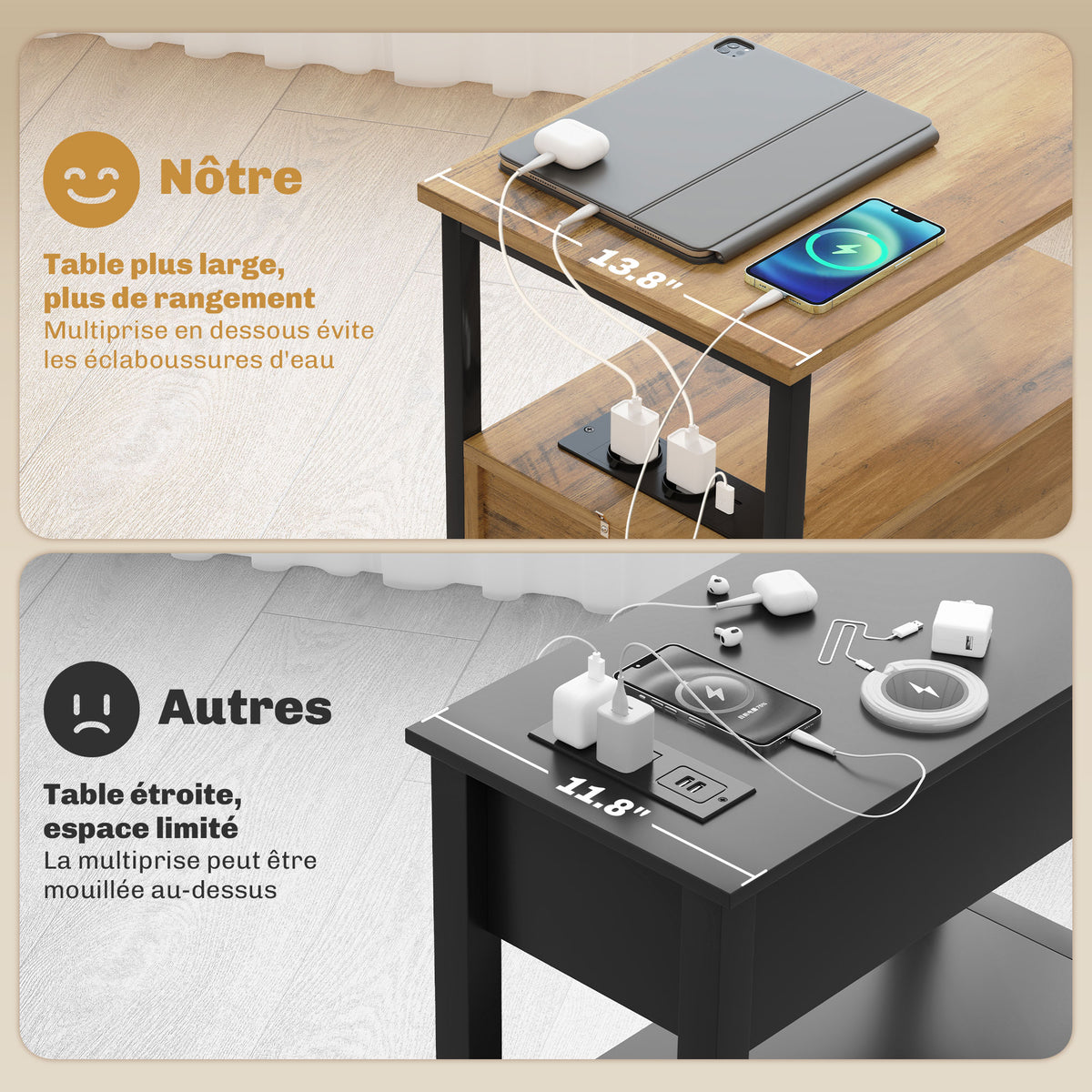 Noptieră cu 2 prize, port USB, 1 priză tip C, sertare și raft, lemn natural