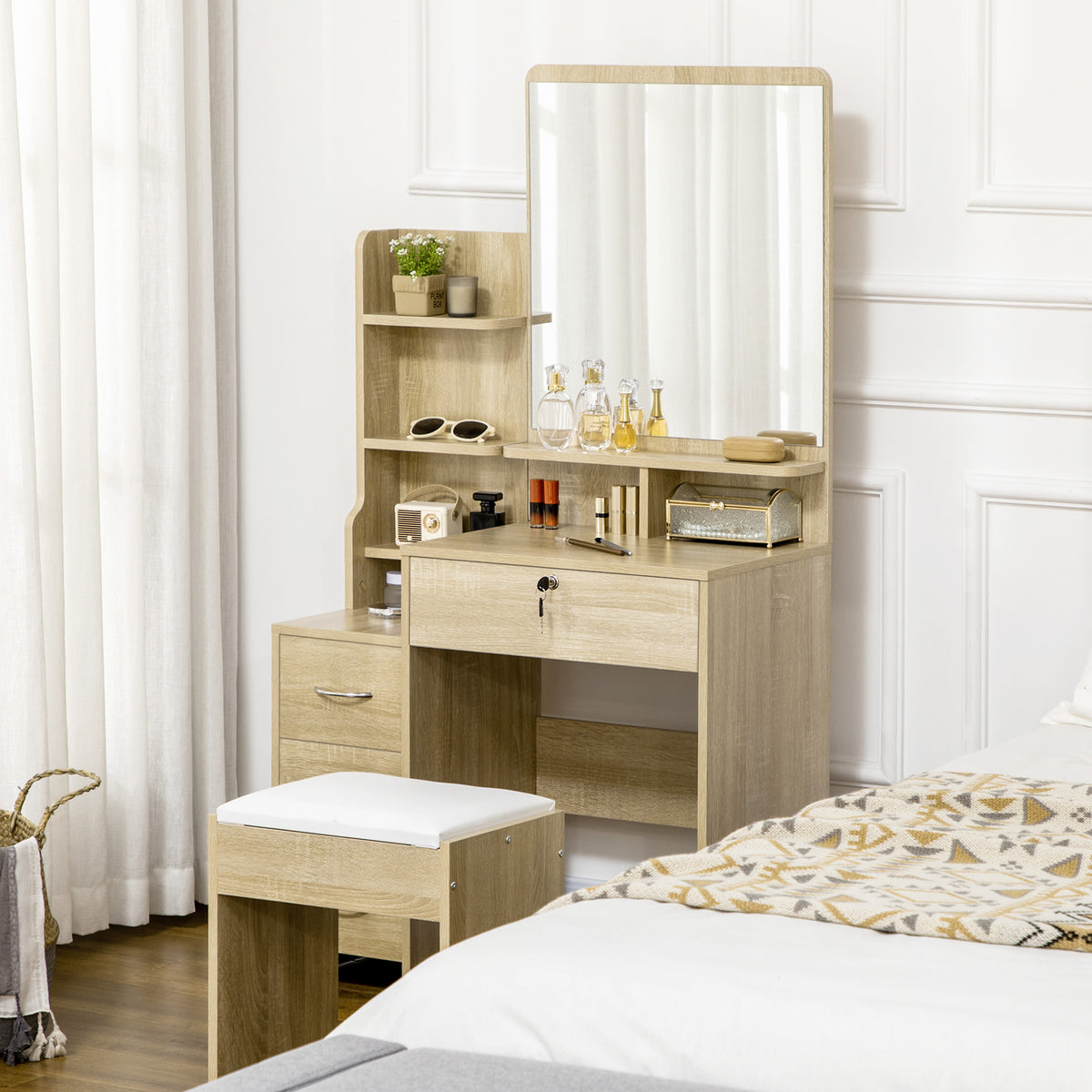 Set de măsuță de toaletă pentru machiaj cu taburet tapițat, oglindă mare + mai multe rafturi deschise + 4 sertare, lemn natural