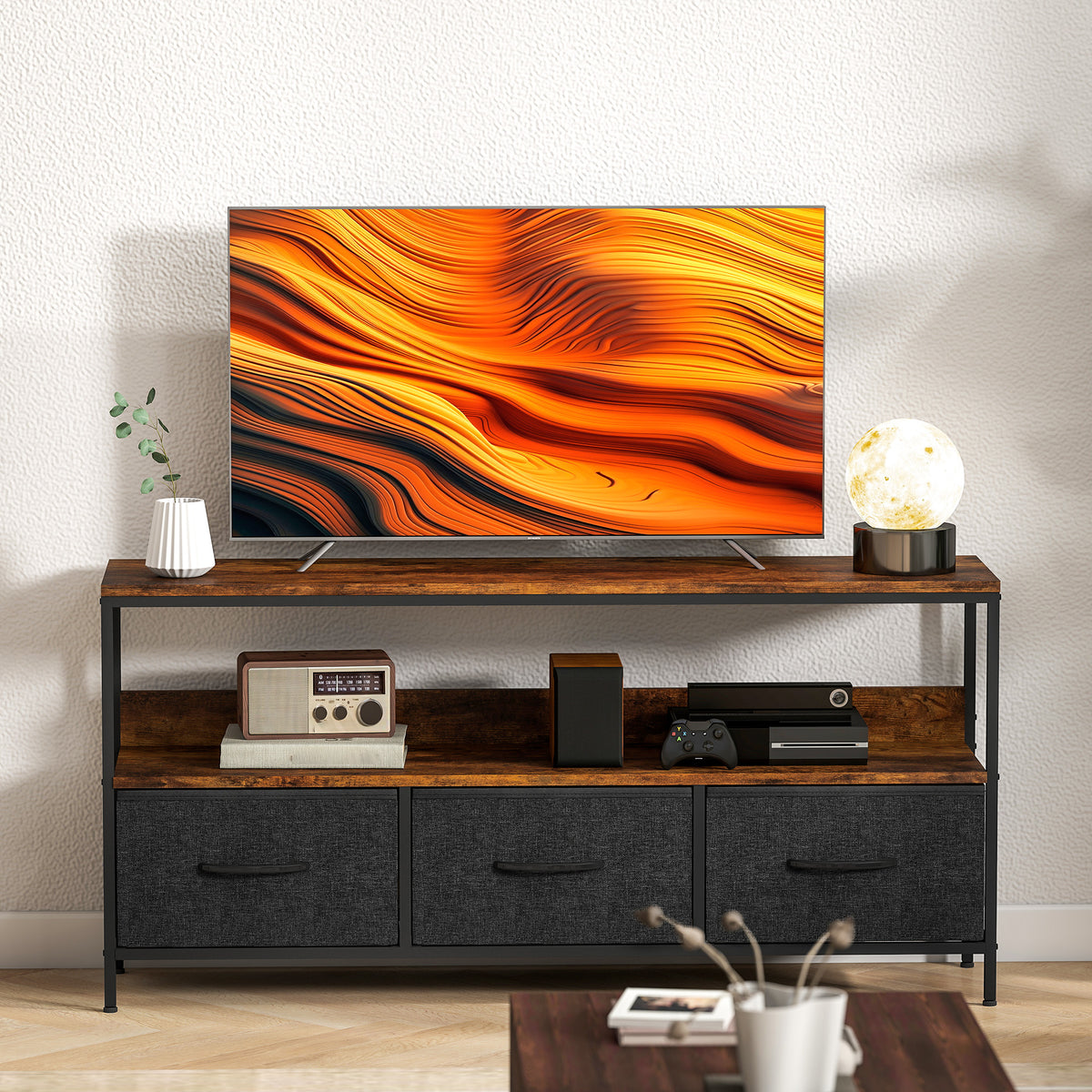 Comodă TV cu 3 sertare și picioare din oțel 120 x 29 x 56 cm maro rustic